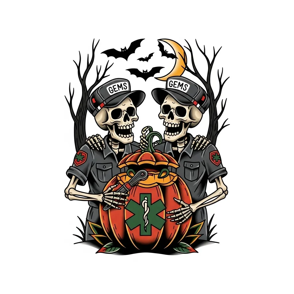 American Traditional Tattoo: Paramedic Skeletons Carving Halloween Pumpkin American Traditional Tattoo: Paramedic Skeletons Carving Halloween Pumpkin