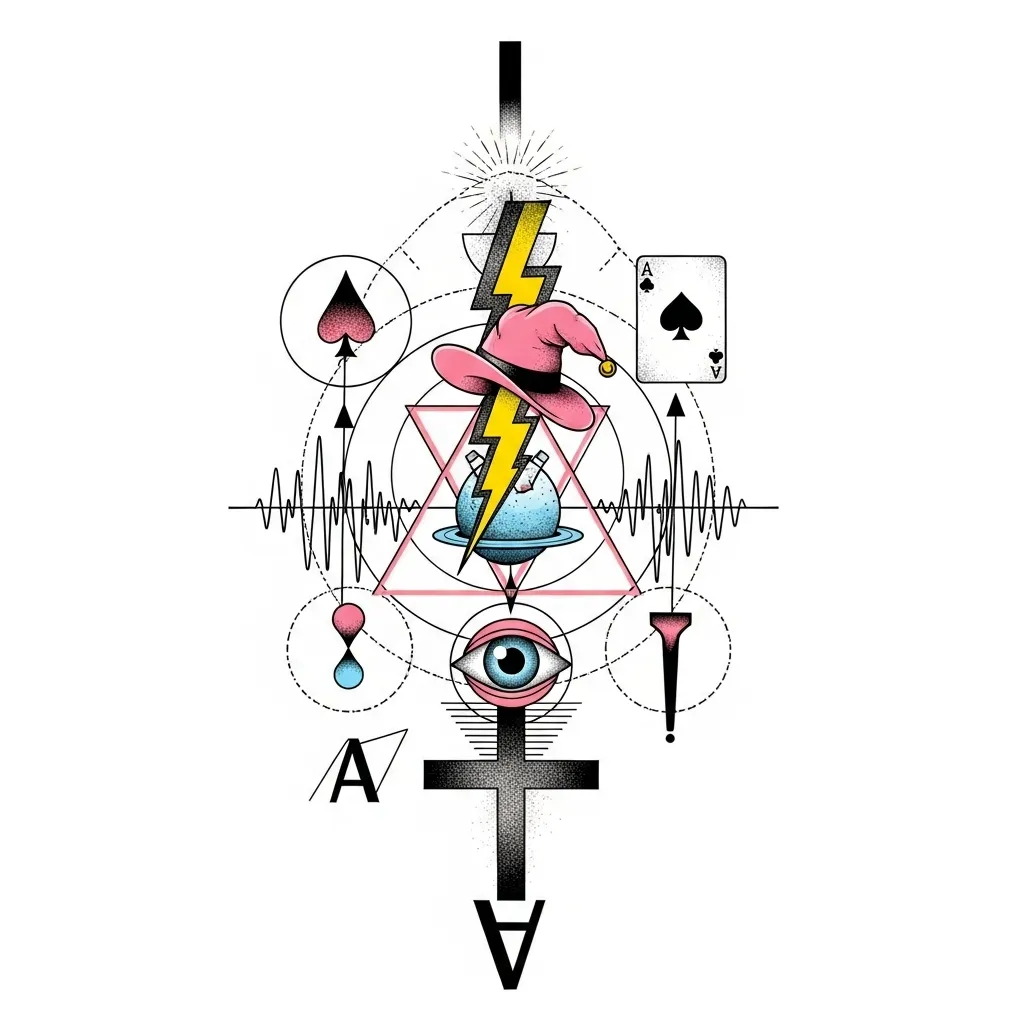 Geometric Symbols Tattoo: Lightning, Cross, Triangle, Orb & Joker Card Geometric Symbols Tattoo: Lightning, Cross, Triangle, Orb & Joker Card