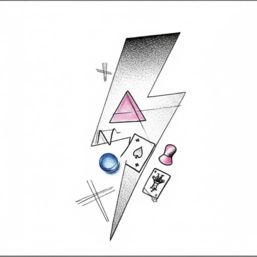 Fine Line Lightning Bolt Tattoo with Symbols: Cross, Triangle, Orb, Hat, Sine Wave, Joker Card