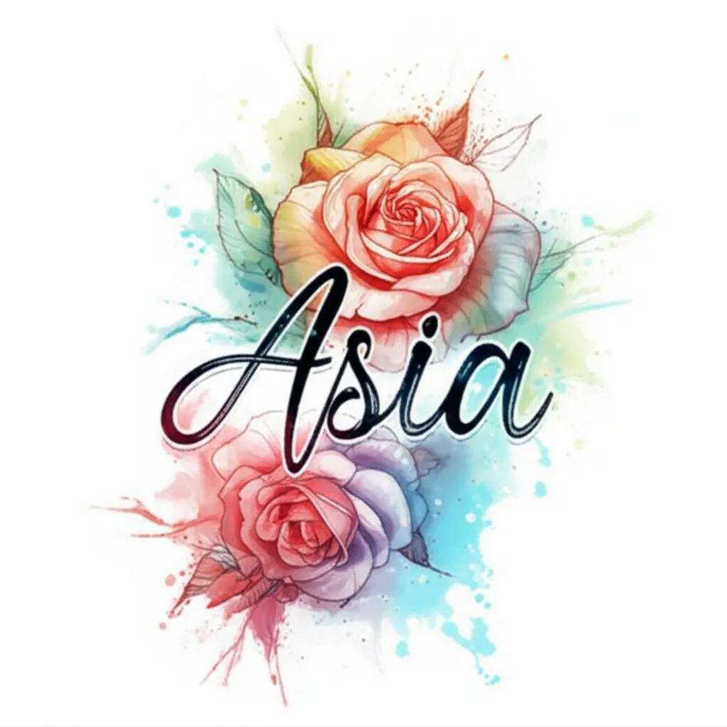 Watercolor Rose Tattoo with 'Asia' Text on Forearm