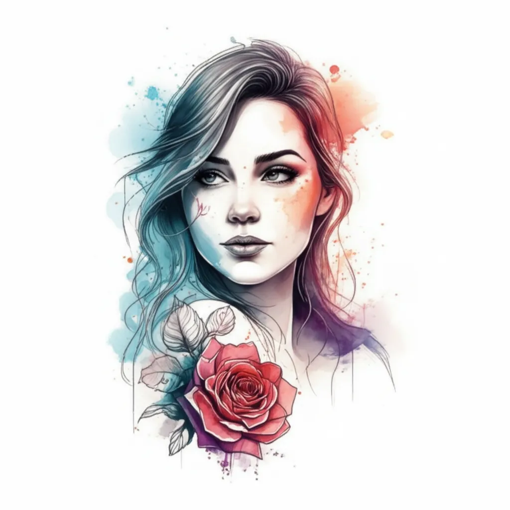 Watercolor Tattoo Design with Names Eva Lorena, Elmer Alfredo and Rose
