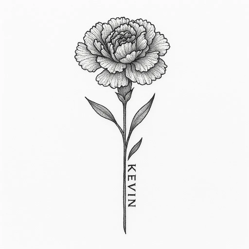 Carnation Flower Tattoo with Name 'Kevin' - Fine Line Style Carnation Flower Tattoo with Name 'Kevin' - Fine Line Style