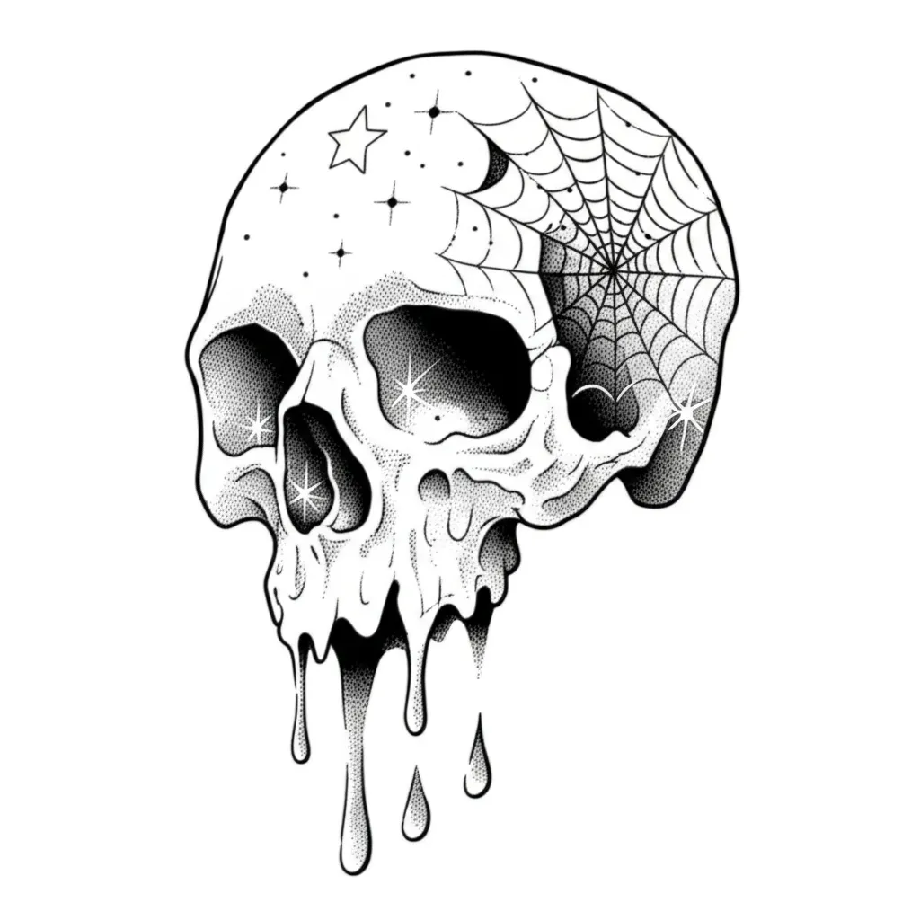 Melting Skull with Stars and Spiderweb Fine Line Tattoo
