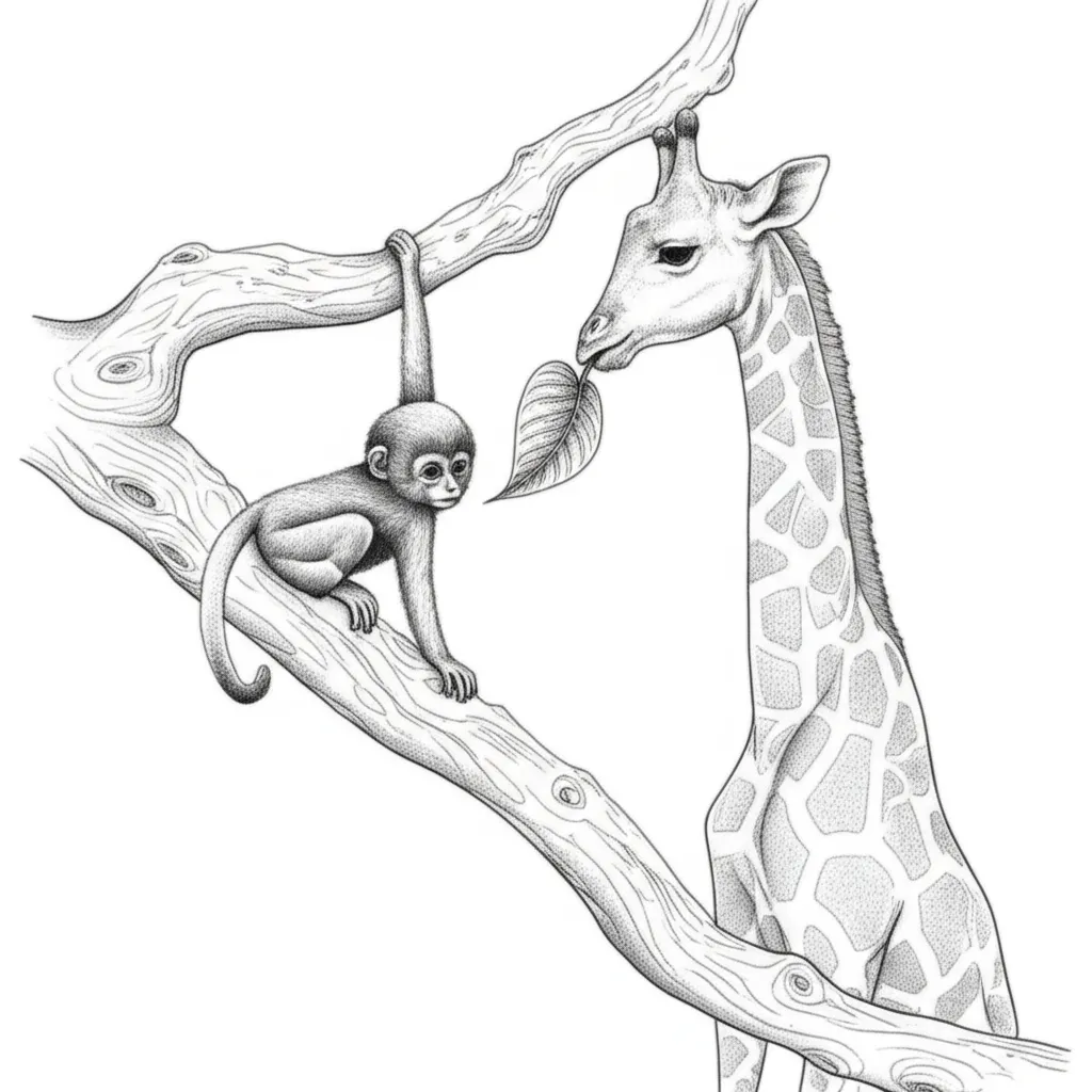 Baby Monkey and Giraffe Fine Line Tattoo Design Baby Monkey and Giraffe Fine Line Tattoo Design