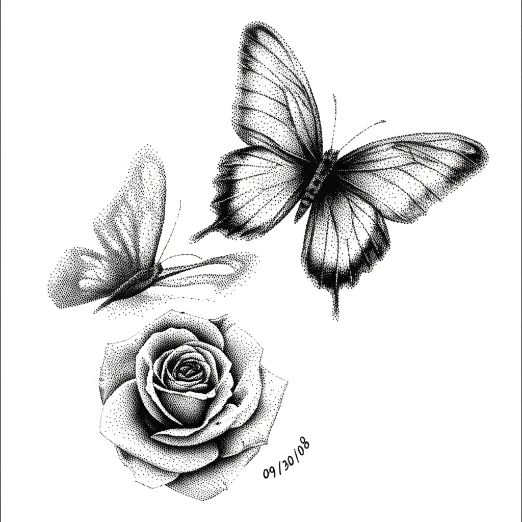 Dotwork Butterfly and Rose Foot Tattoo with Date - Meaning & Inspiration