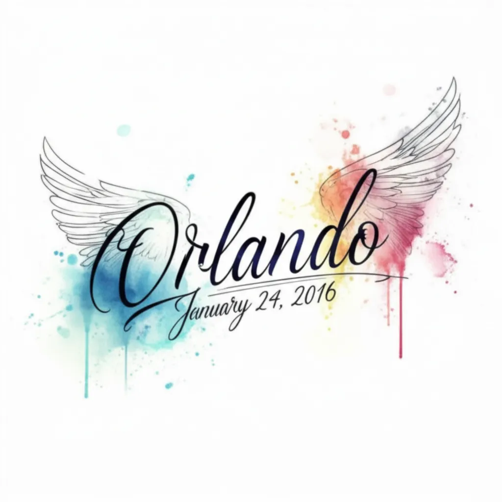 Watercolor Memorial Tattoo for Orlando with Wings and Date