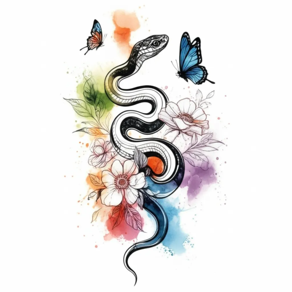 Watercolor Snake Tattoo with Flowers and Butterflies Watercolor Snake Tattoo with Flowers and Butterflies