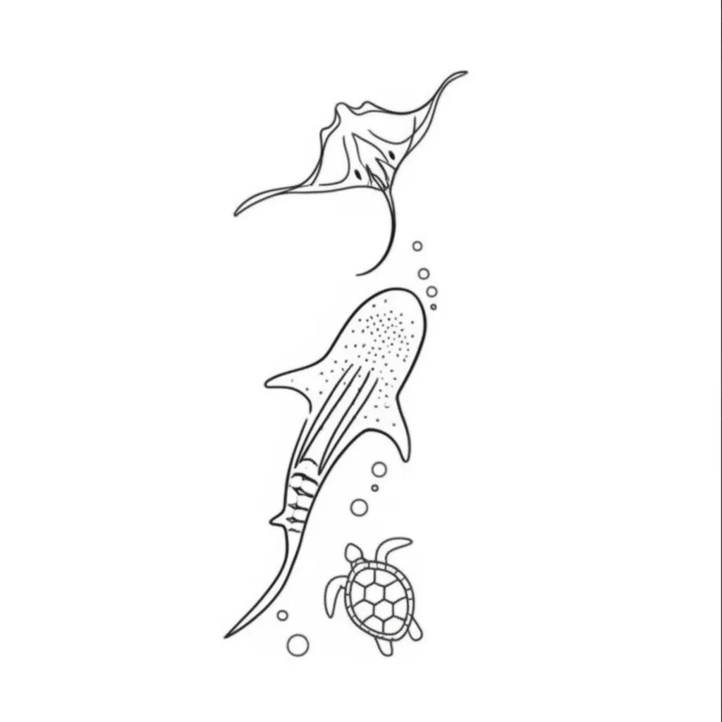 Fine Line Whale Shark, Manta Ray & Sea Turtle Spine Tattoo Fine Line Whale Shark, Manta Ray & Sea Turtle Spine Tattoo