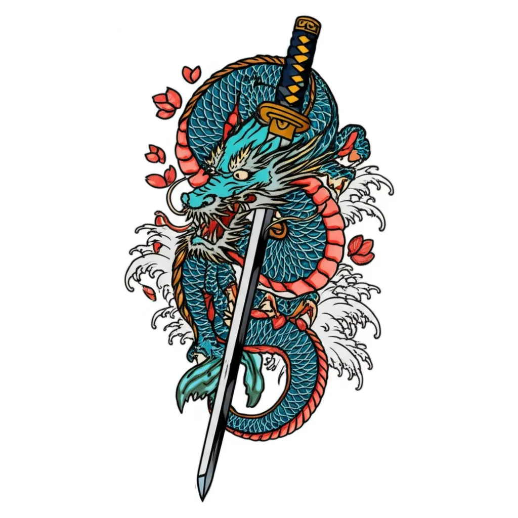 Dragon Wrapped Around Katana Japanese Tattoo Design