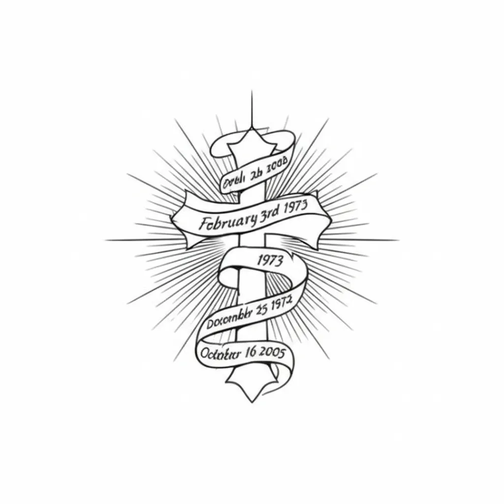 Minimalist Cross Tattoo with Dates and Sun Rays - Memorial Design Minimalist Cross Tattoo with Dates and Sun Rays - Memorial Design