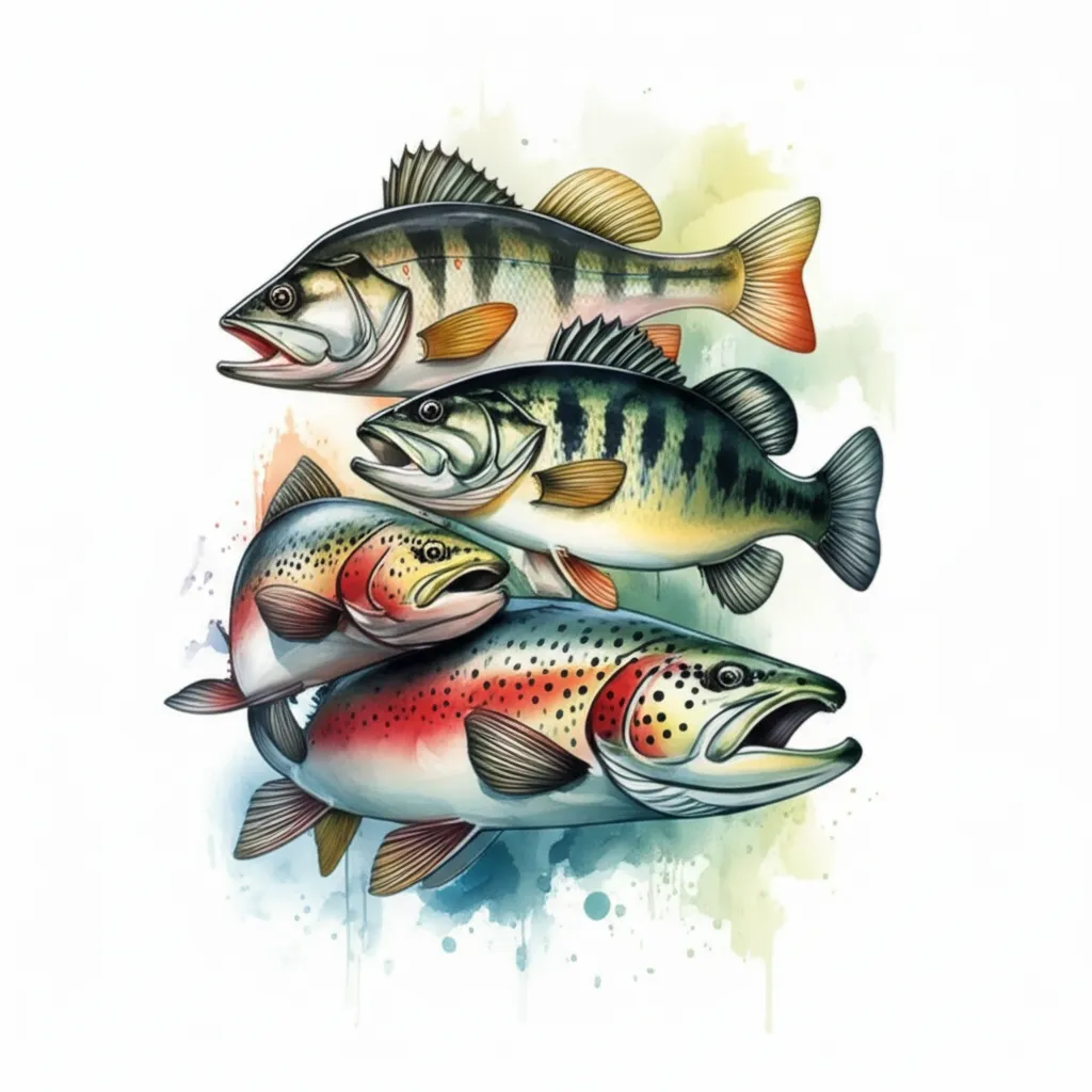 Watercolor Fishing Tattoo: Salmon, Perch, Bass, Trout & Pike