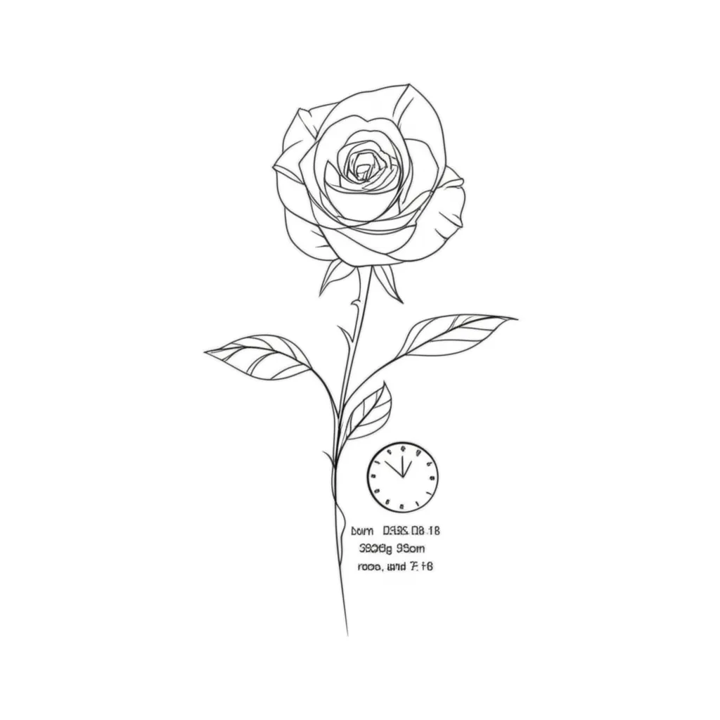 Minimalist Rose and Clock Tattoo Design for Son's Birth Minimalist Rose and Clock Tattoo Design for Son's Birth