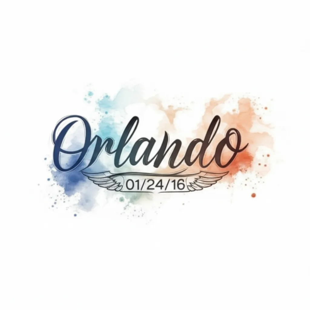 Watercolor Memorial Tattoo: Orlando Name with Wings and Date