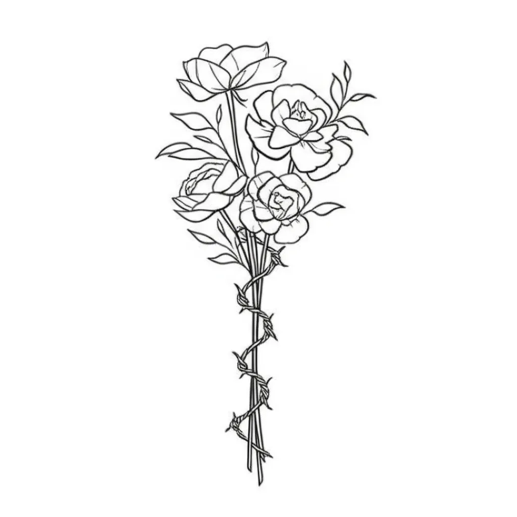 Minimalist Bouquet with Barbed Wire Spine Tattoo Design