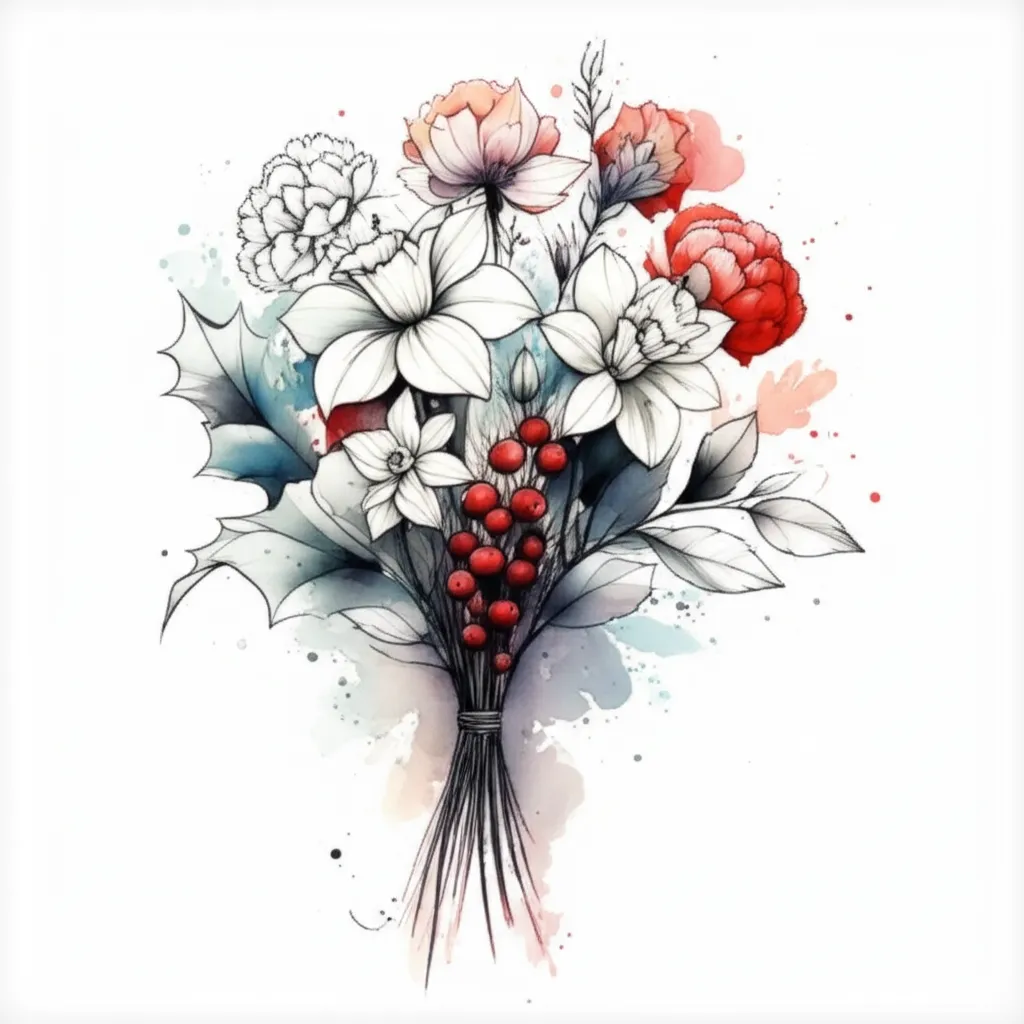 Carnation, Peonies, Holly, and Narcissus Bouquet Tattoo Design Carnation, Peonies, Holly, and Narcissus Bouquet Tattoo Design