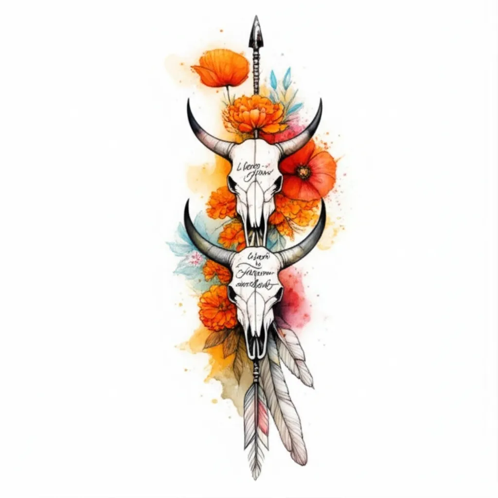 Fine Line Spine Tattoo with Bull Skulls and Flowers Fine Line Spine Tattoo with Bull Skulls and Flowers