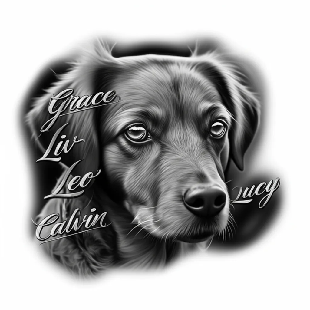 Realistic Dog Portrait Tattoo with Names: Grace, Liv, Leo, Calvin, Lucy Realistic Dog Portrait Tattoo with Names: Grace, Liv, Leo, Calvin, Lucy