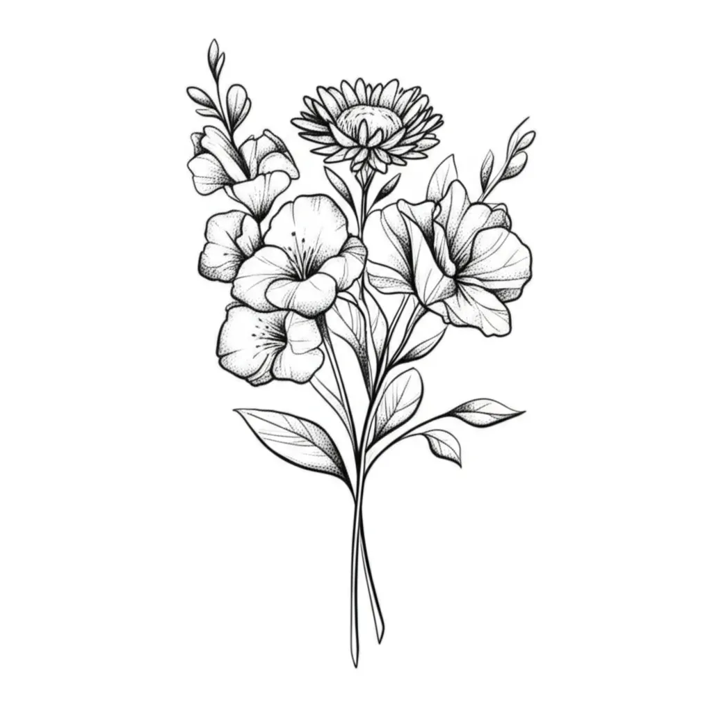 Birth Month Flower Bouquet Tattoo: September, August, February Birth Month Flower Bouquet Tattoo: September, August, February