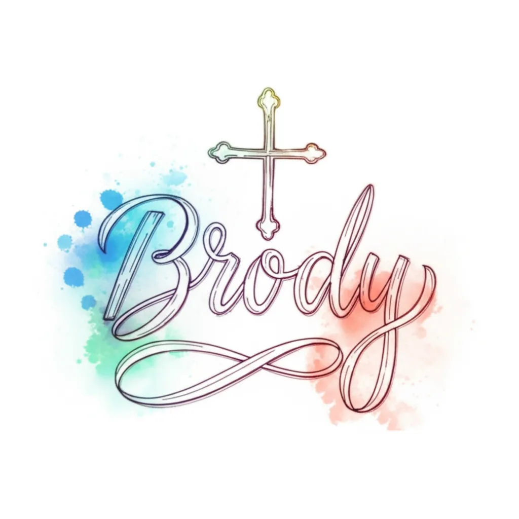 Brody Name Tattoo with Cross - Watercolor Style