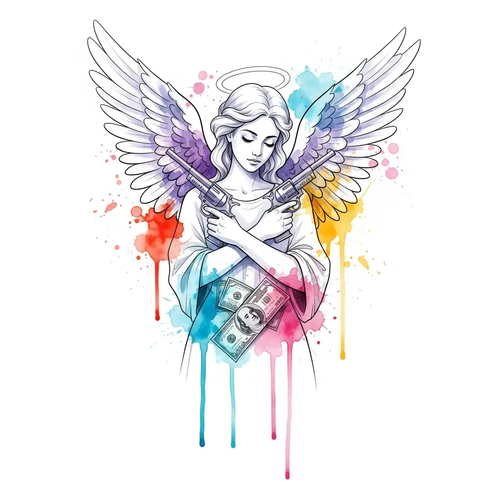 Angel with Guns and Money Watercolor Tattoo Design Angel with Guns and Money Watercolor Tattoo Design