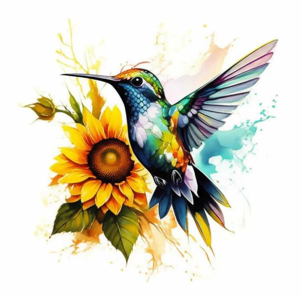Watercolor Hummingbird with Sunflower and Harley Davidson Tattoo Design Watercolor Hummingbird with Sunflower and Harley Davidson Tattoo Design
