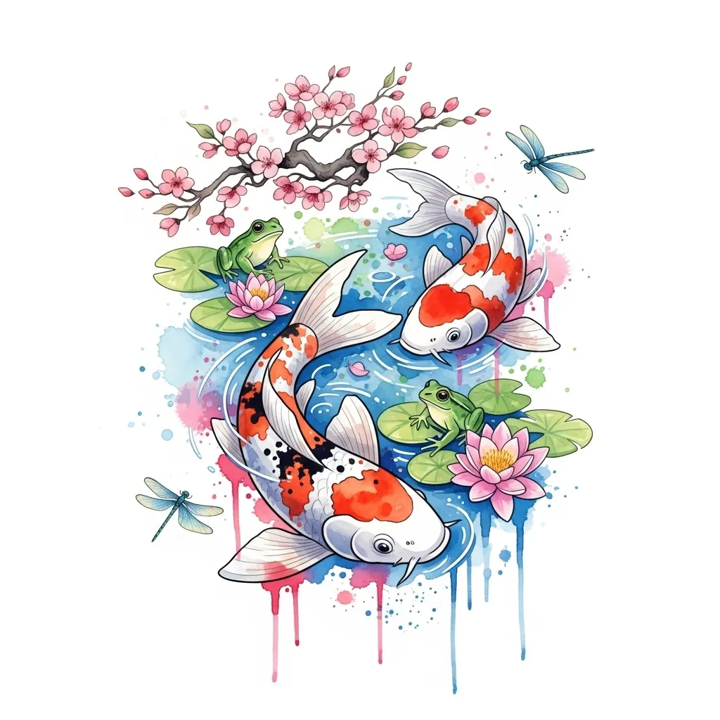 Watercolor Koi Fish Pond Tattoo with Cherry Blossoms