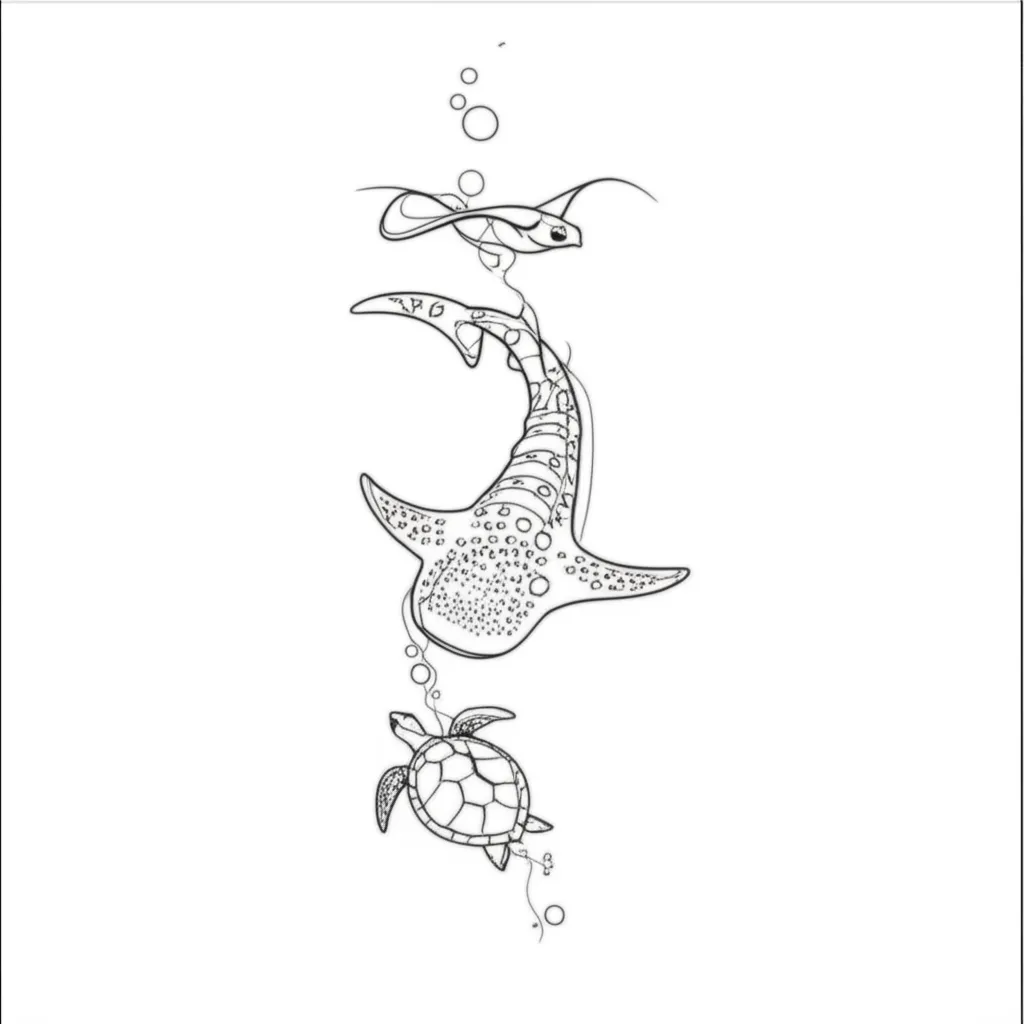 Fine Line Whale Shark, Manta Ray & Sea Turtle Spine Tattoo Fine Line Whale Shark, Manta Ray & Sea Turtle Spine Tattoo