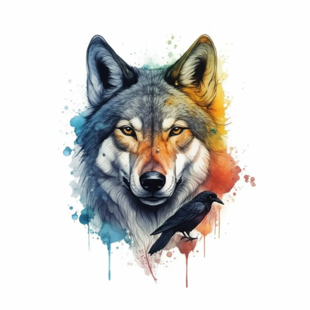 Watercolor Wolf and Crow Tattoo Design Watercolor Wolf and Crow Tattoo Design
