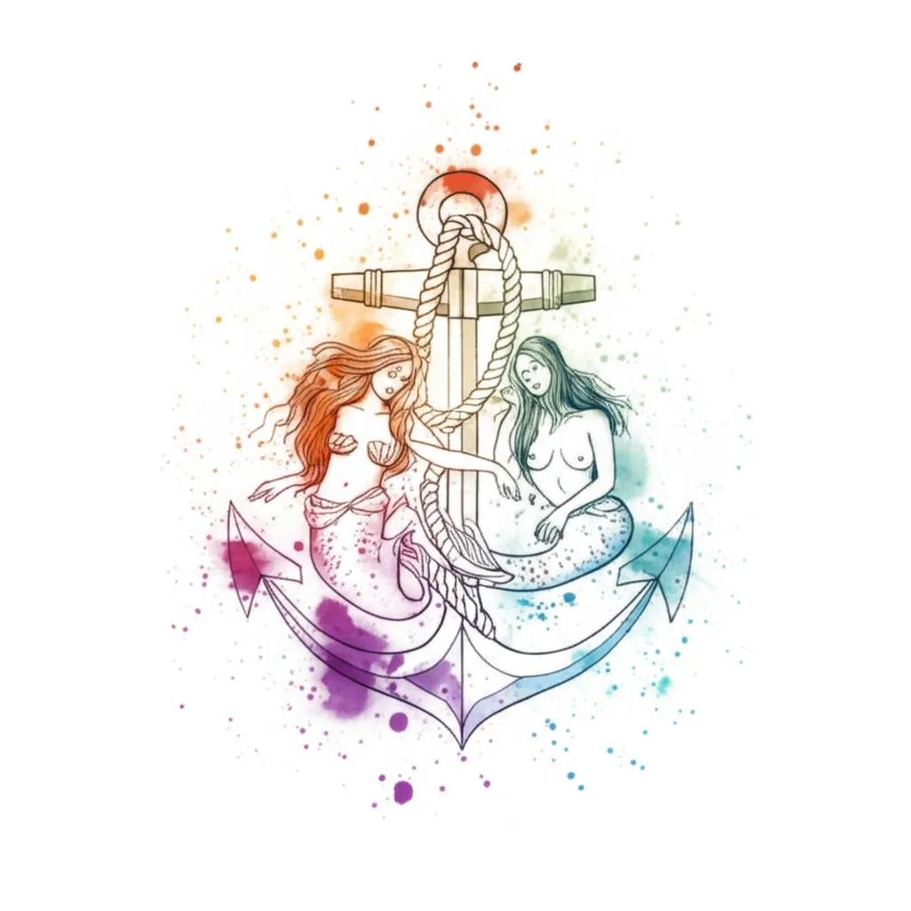 Watercolor Ship Anchor with Rope and Mermaids Tattoo Design