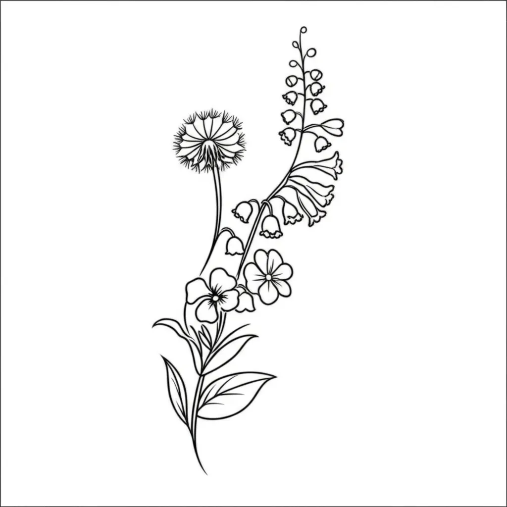 Minimalist Floral Arm Tattoo: Dandelion, Violet, Lily of the Valley