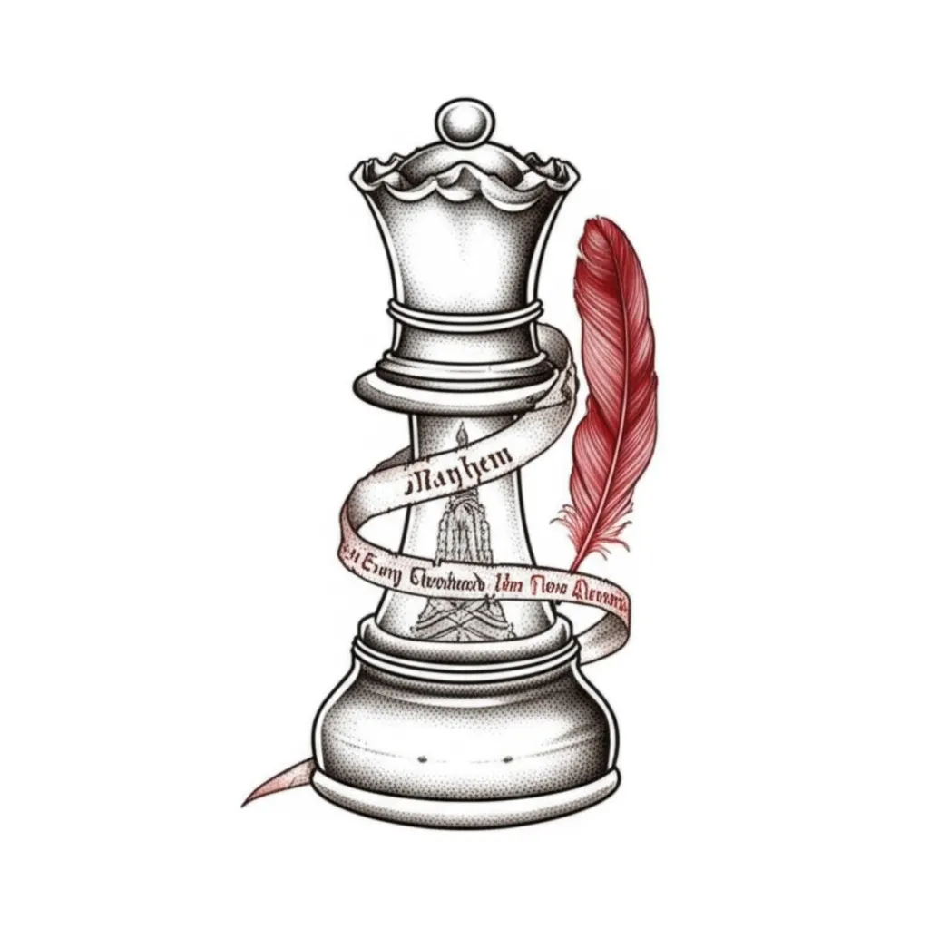 Queen Chess Piece with Feather and Gothic Text Tattoo Design