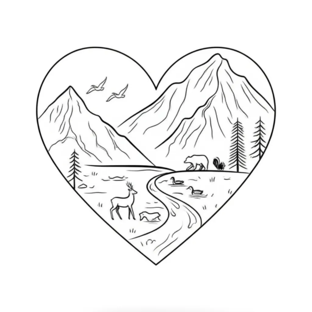 Minimalist Heart Tattoo with Mountain River and Wildlife Minimalist Heart Tattoo with Mountain River and Wildlife