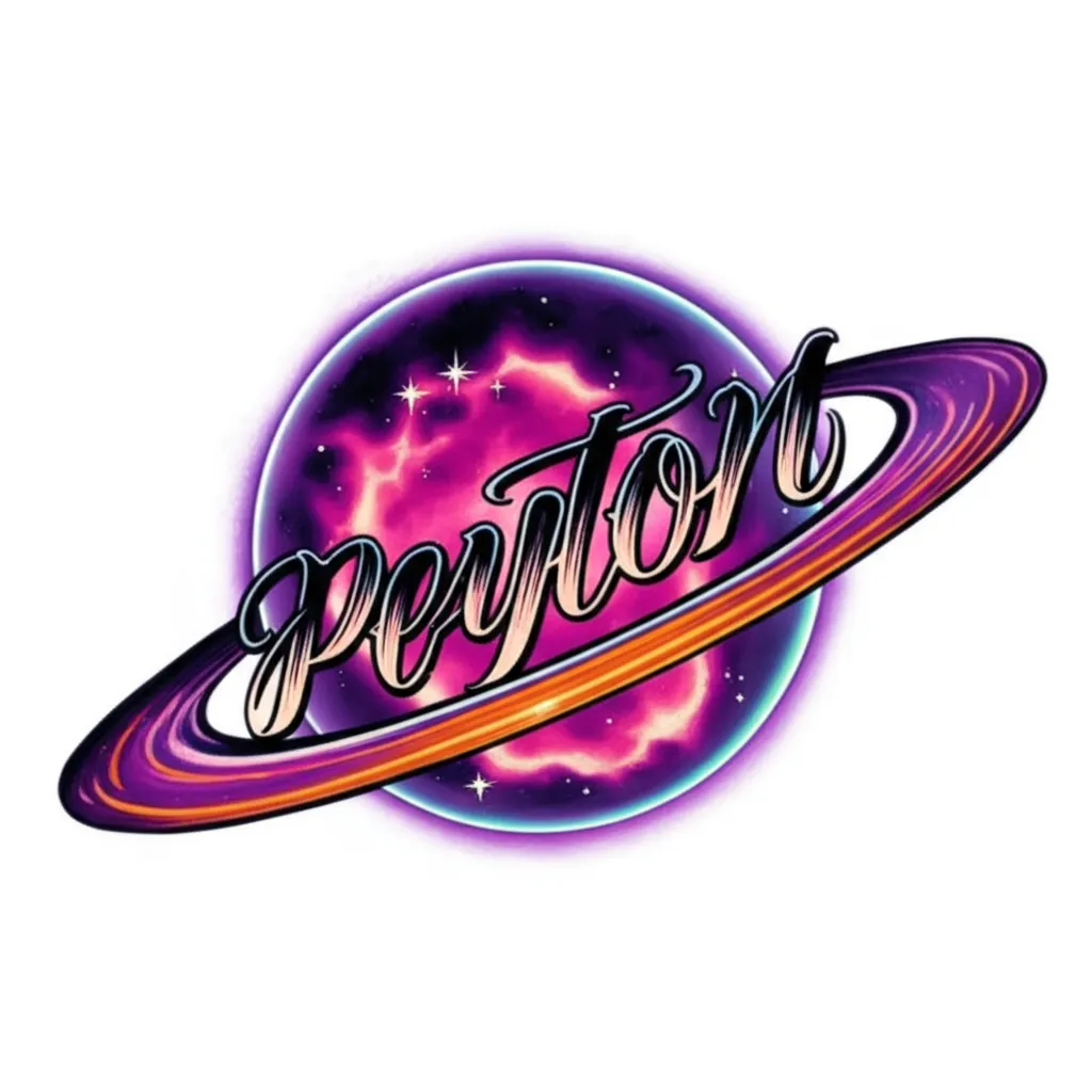 Pink and Purple Neon Planet Tattoo with 'Peyton' Name - Neo-Traditional Style Pink and Purple Neon Planet Tattoo with 'Peyton' Name - Neo-Traditional Style