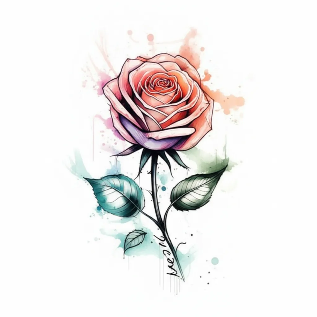 Watercolor Rose Tattoo with 'MeNa' Stem - Unique Design Watercolor Rose Tattoo with 'MeNa' Stem - Unique Design