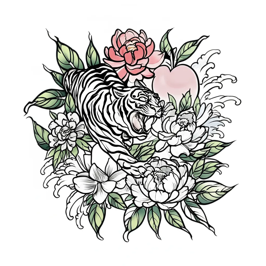 Nectarine, Tiger, and Flowers Japanese Tattoo Design Nectarine, Tiger, and Flowers Japanese Tattoo Design