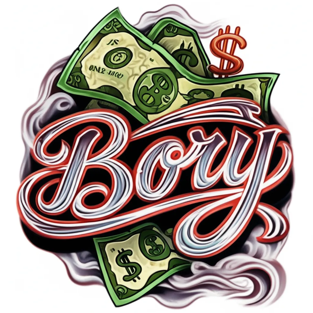 Bory Name Tattoo with Money Signs and Smoke in Neo-Traditional Style