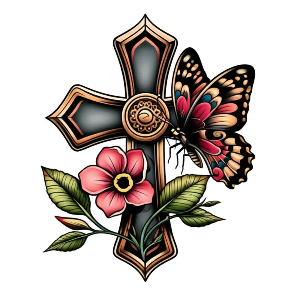 Neo-Traditional Wisdom Cross Tattoo with Butterfly and Flower Neo-Traditional Wisdom Cross Tattoo with Butterfly and Flower
