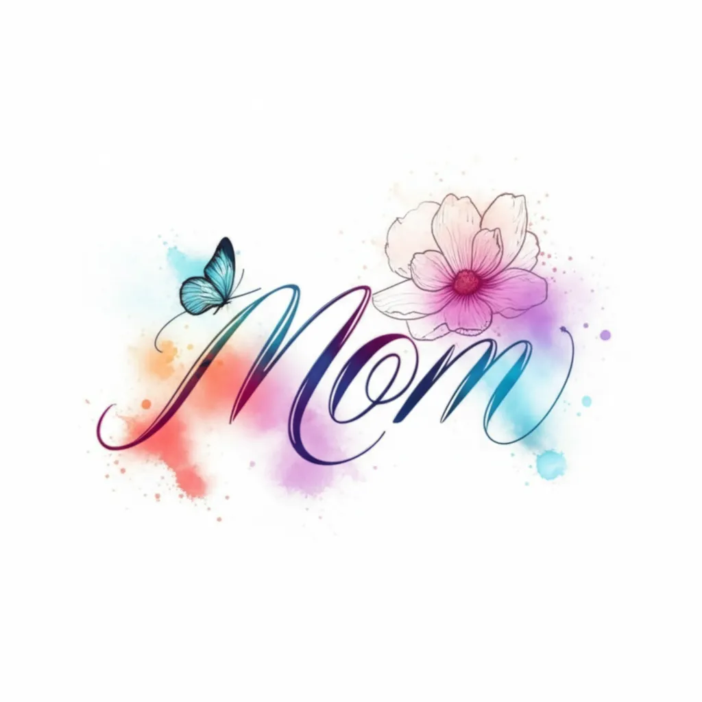 Watercolor Mom Name Tattoo with Butterfly and Flower Design Watercolor Mom Name Tattoo with Butterfly and Flower Design