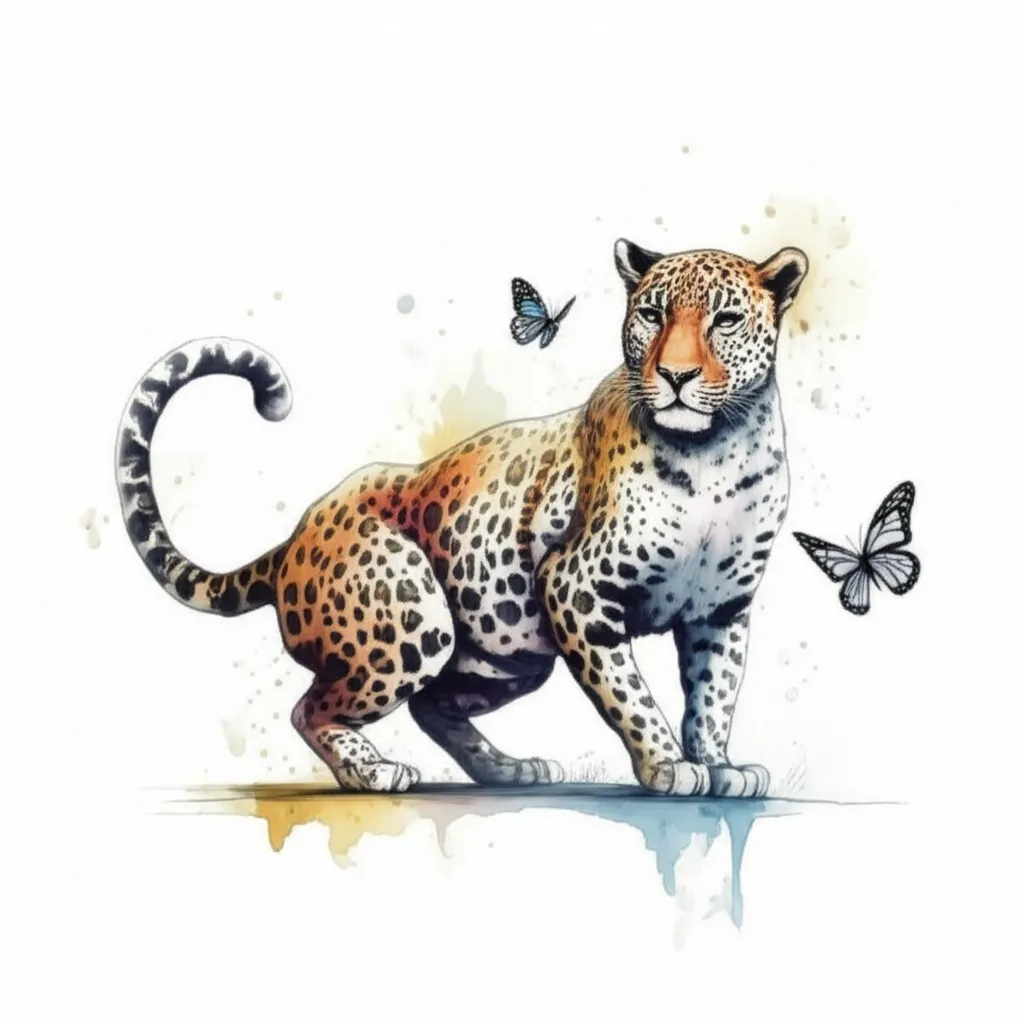 Watercolor Leopard Tattoo with Butterflies - Unique Design Watercolor Leopard Tattoo with Butterflies - Unique Design