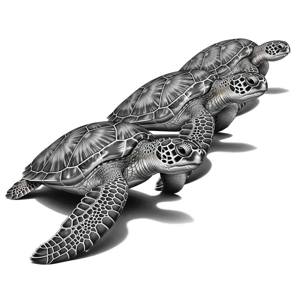 Three Sea Turtles in a Row Realism Tattoo Design