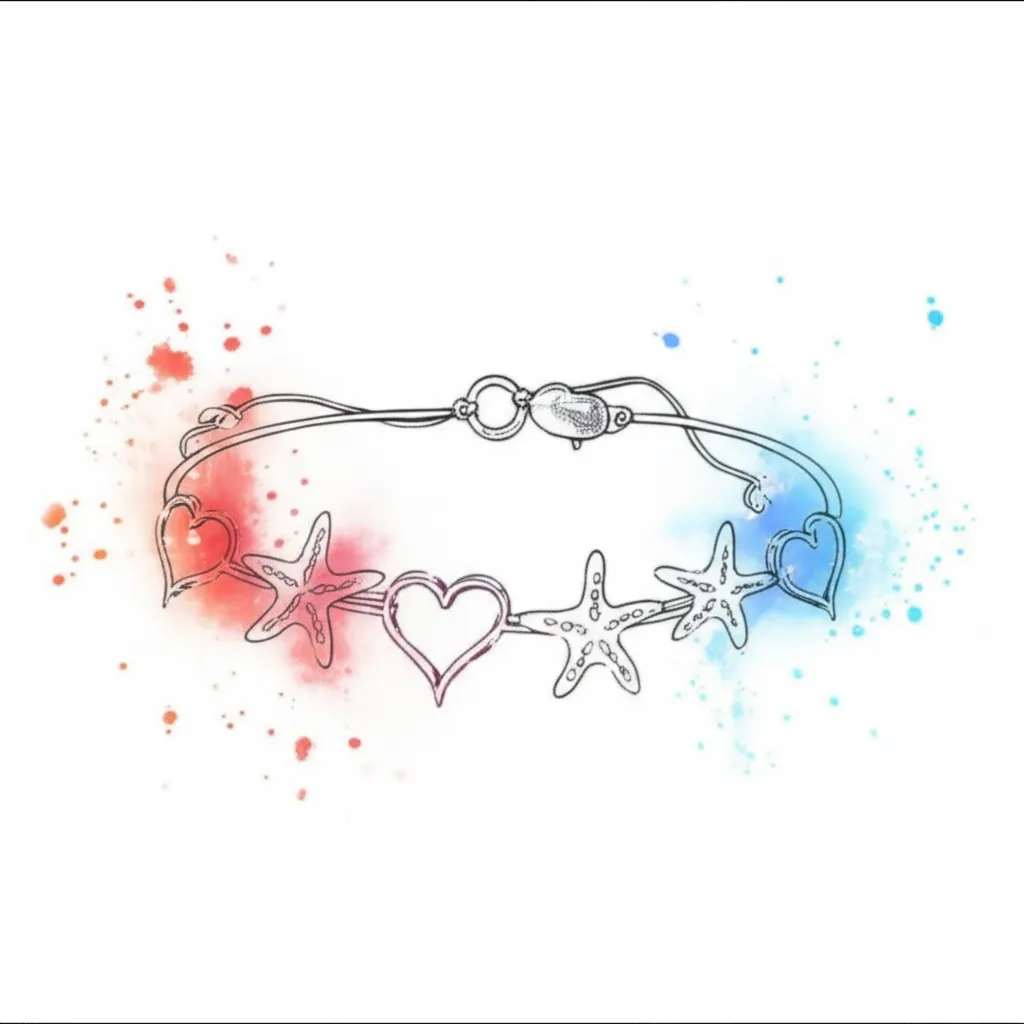 Watercolor Anklet Tattoo with Hearts and Starfish Design