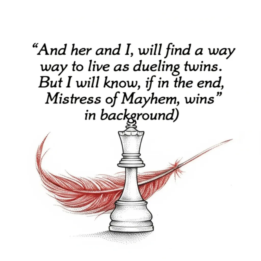 Dueling Twins Tattoo with Queen Chess Piece and Red Feather - Fine Line Style Dueling Twins Tattoo with Queen Chess Piece and Red Feather - Fine Line Style