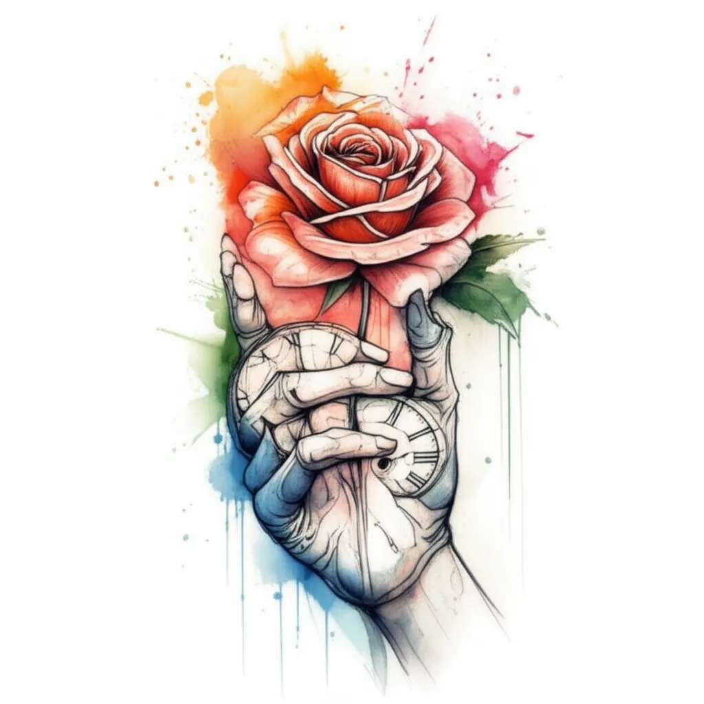 Watercolor Skull Hand Holding Rose and Clocks Tattoo Design