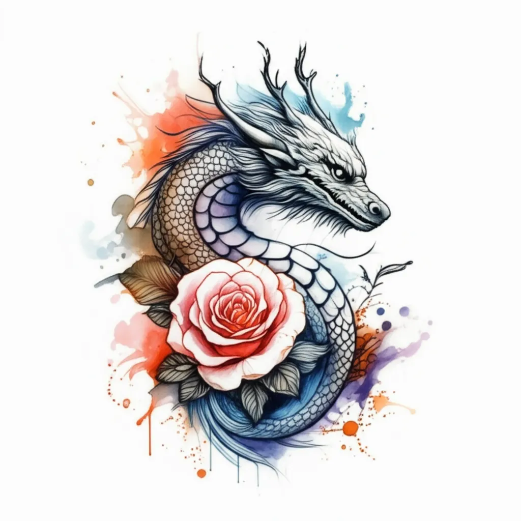 Watercolor Chinese Dragon with Roses Tattoo Idea Watercolor Chinese Dragon with Roses Tattoo Idea