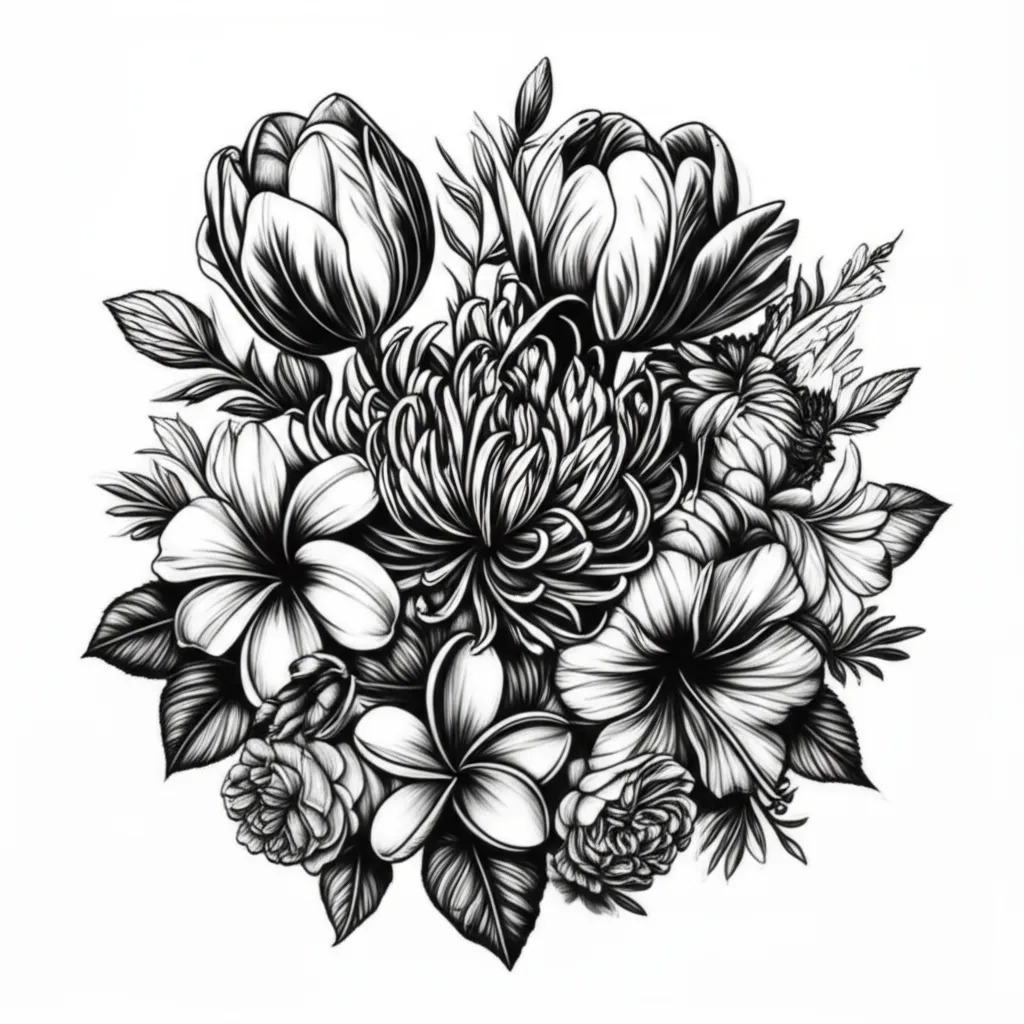 Illustrative Floral Tattoo Design with Mums, Tulips, Plumerias, Hibiscuses and Carnations