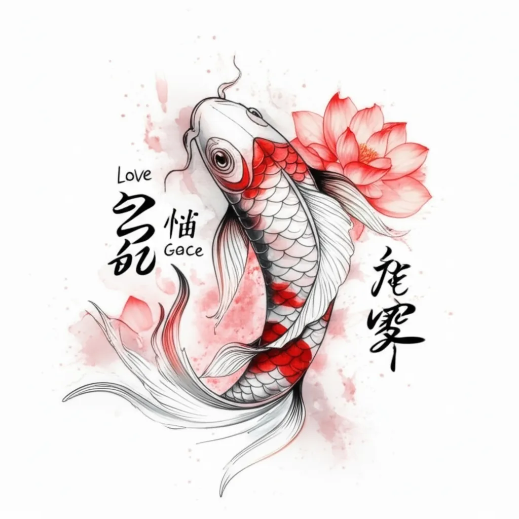 Watercolor Koi Fish Tattoo with Lotus Flower and Japanese Symbols