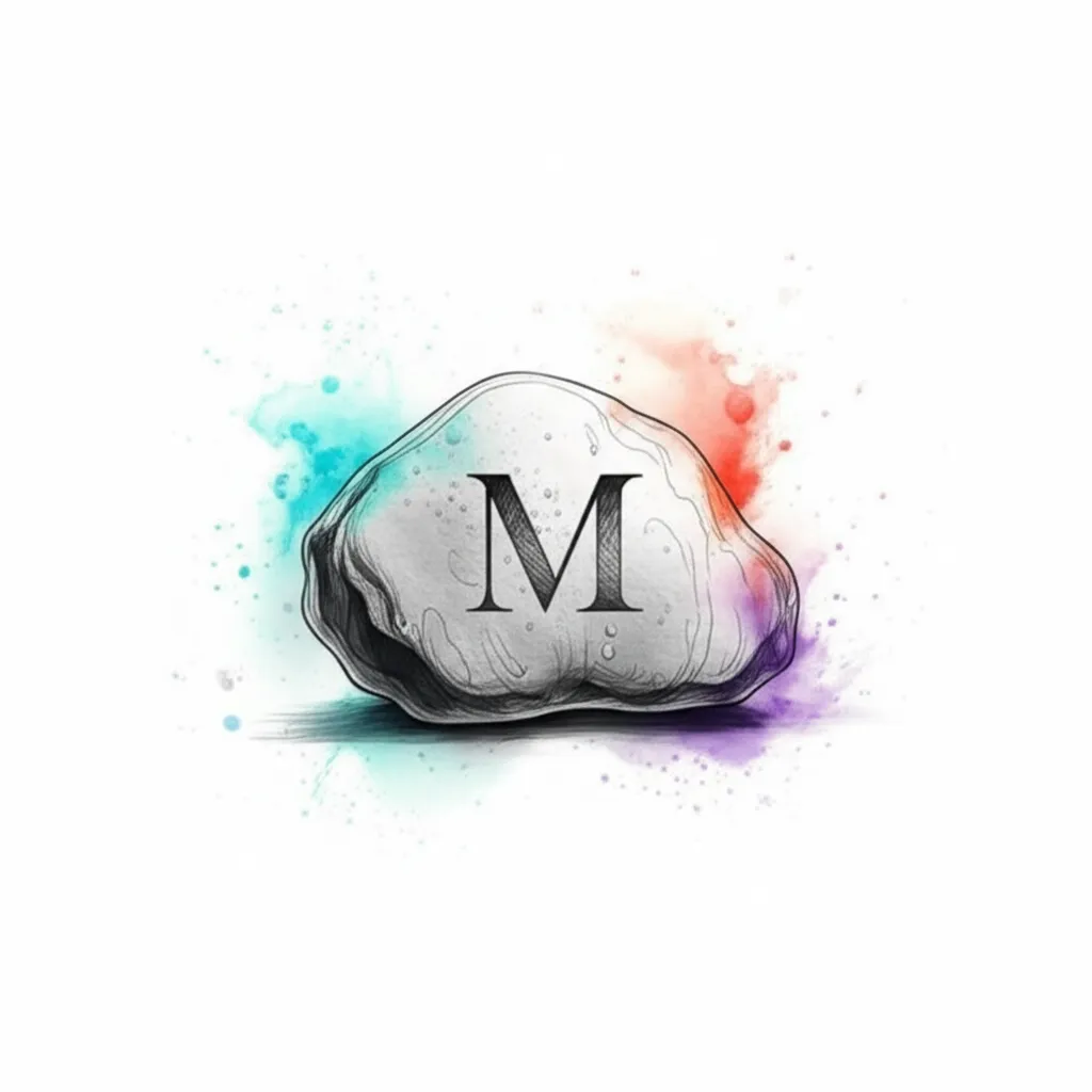 Watercolor Rock Tattoo with Letter M - Unique Initial Design
