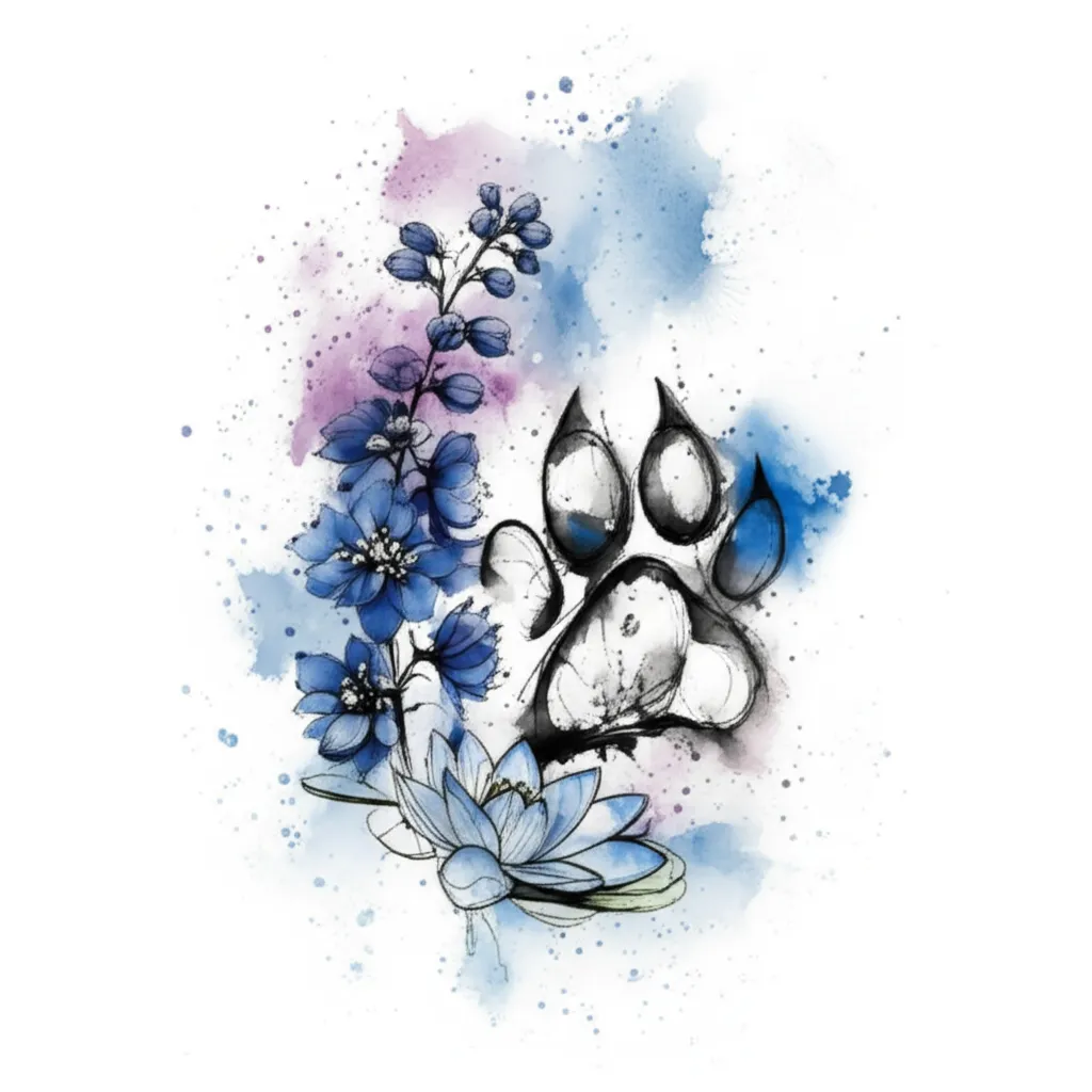 Dog Paw, Larkspur & Water Lily Watercolor Tattoo Design Dog Paw, Larkspur & Water Lily Watercolor Tattoo Design