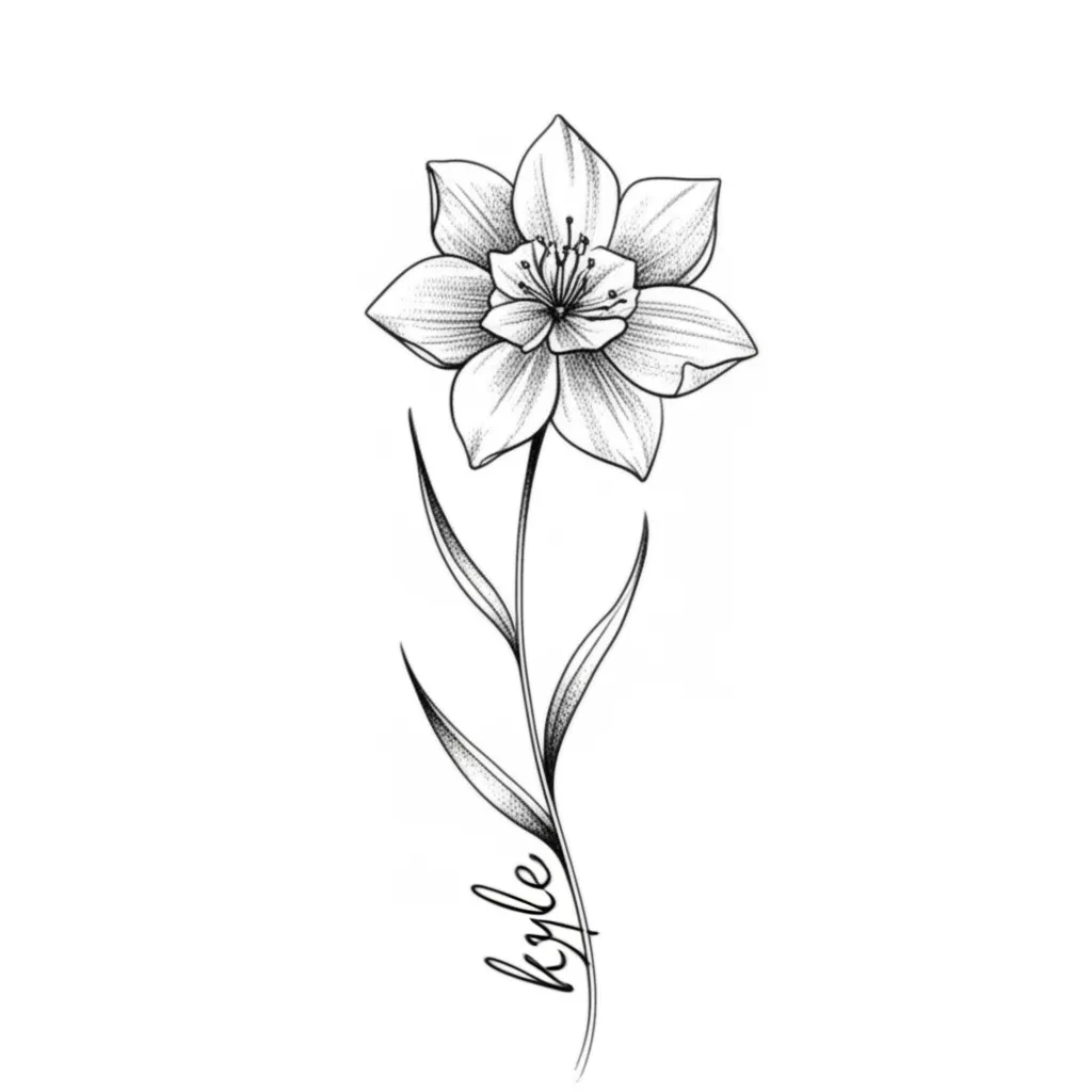 Daffodil Flower Tattoo with Kylee Name Stem - Fine Line Style Daffodil Flower Tattoo with Kylee Name Stem - Fine Line Style