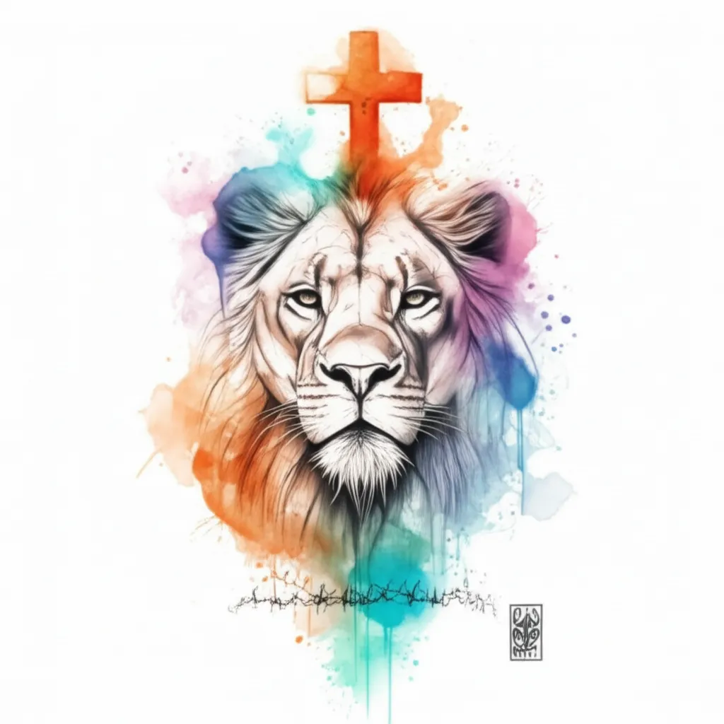 Watercolor Lion with Cross Tattoo Design Watercolor Lion with Cross Tattoo Design